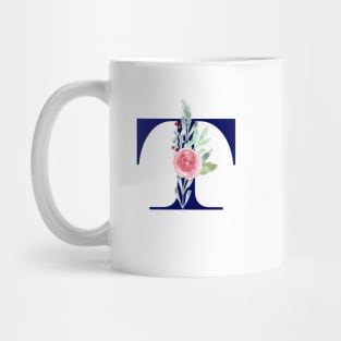 Watercolor Floral Letter T in Navy Mug